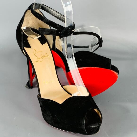 CHRISTIAN LOUBOUTIN Size 7.5 Aketata 120 Black Red Suede Ankle Strap Sandals - Picture 5 of 8